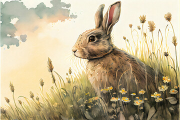 Wild Bunny Rabbit Easter Watercolor in the Field Generative AI