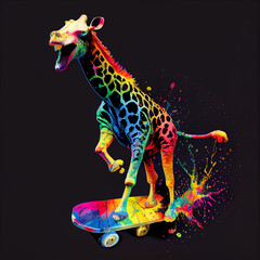 Wall Mural - Colorful giraffe on skateboard. AI generative.