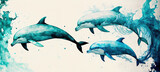 Fototapeta Dziecięca - Watercolor effect dolphin in blue colors over white background. Landscaped composition. Generative AI Illustration