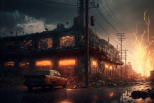 Apocalyptic View Of Burning City Buildings, Post Apocalypse After World War, Generative AI