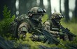 KI generierte Soldaten bei Übung im Wald. Keine echten Menschen und Waffen - Militär Gaming Vorlage