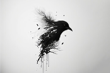 Black and white minimalist ink image of a bird and tree branches surrounded by empty space. Generative AI illustration