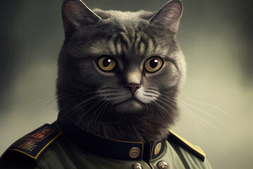 Portrait of a cat in a military uniform ready serve and protect, on a dark background, generative ai