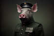 Portrait of a pig in a military uniform ready to serve and protect, on a dark background, generative ai