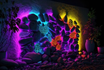 Wall Mural - neon stones wall background,landscape,background,bright color, generative ai	