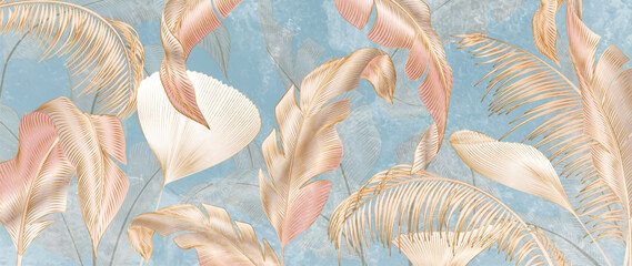 Wall Mural - blue art background in a watercolor style with tropical palm leaves with golden art line elements. b