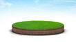 3D Illustration round soil ground cross section with earth land and green grass, realistic 3D rendering circle cutaway terrain floor with rock isolated on white background