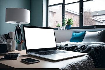 Mockup laptop in a college dorm room. Generative AI