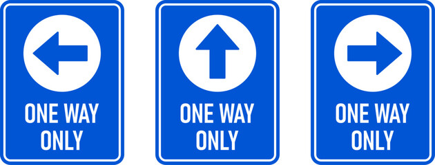 Poster - Set of One Way Only Vertical Warning Sign Poster or Sticker Design Icon with Direction Arrow and Text. Vector Image.