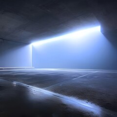 An empty street with spotlights and smoke rising in a studio room, and the pavement visible in the darkness of night.