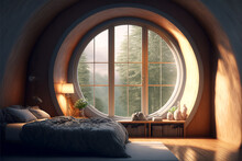 Concept Art For A Luxury Bedroom With A Round Wooden Window With A View To Nearby Trees And The Far Away Mountains, Generative AI