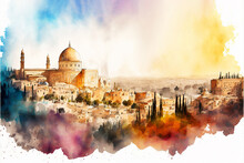 Jerusalem City Watercolor Panoramic Painting. Generative AI