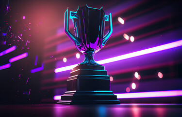 e-sports winner trophy at studio illuminated by purple neon lights with blurred background. generati