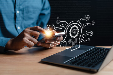 Aufkleber - Businessman using chatbot in smartphone intelligence Ai. Chat with AI Artificial Intelligence, developed by OpenAI generate. Futuristic technology, robot in online system.