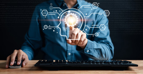 Poster - Chat with AI Artificial Intelligence. Businessman using  chatbot in computer smart intelligence Ai, artificial intelligence developed by OpenAI. Futuristic technology, robot in online system.