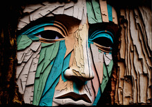 Wooden Man With A Face Full Of Sorrow. Abstract Illustration Of A Human Face In A Tree. AI Generated Image.