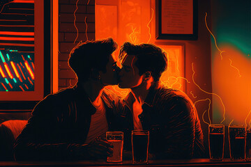 male gay couple in their moment of intimacy at night in a night club. This image was created with generative AI