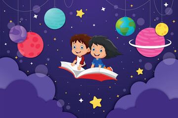 HAPPY KIDS READING BOOKS AND EXPLORING SPACE