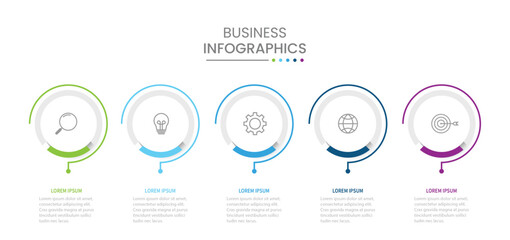 Business infographic thin line process with circle template design with icons and 5 options or steps.