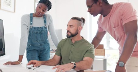 Aufkleber - Training, coaching and business people with computer in office for helping coworker with project. Teamwork, collaboration or group of employees on pc teaching man with question, talking and mentoring