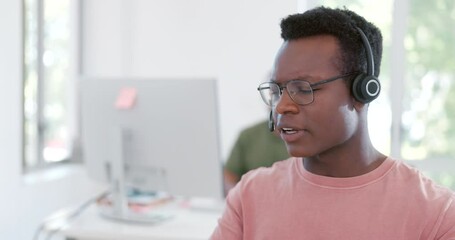 Poster - Customer service communication, call center consulting or black man telemarketing on contact us CRM or telecom. Startup ecommerce, help desk or information technology consultant talking on microphone