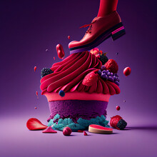 A Red Shoe Stepping On A Colorful Red And Purple Cupcake