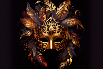 Venetian carnival mask. Gold color, colored feathers. Happy carnival festival