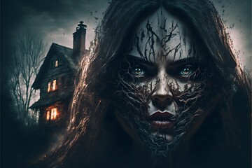 Wall Mural - A haunted house poster with house in the background and a ghost in the front