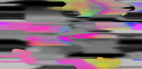 Poster - Digital background of pixel noise with holographic rainbow streaks. Lo-fi illustration of a broken TV screen.