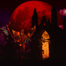 Angel Of Death In Front Of A Mausoleum - Spooky Night Background With The Red Full Moon