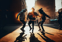 Three Break Dancers On A City Street. Generative AI