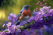 Robin bird in Spring season on a tree branch covered with purple flowers. Generative AI