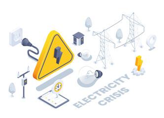 isometric vector illustration isolated on white background, socket and warning sign electricity, light bulbs and electric mains, electrical crisis or outage