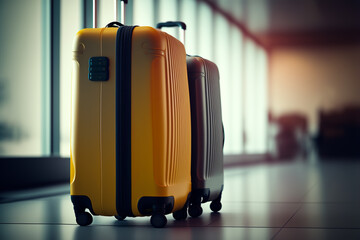 Two plastic suitcases standing at empty airport. Luggage bags at terminal hall, Generative AI. Background for travel or vacation banner, poster or postcard. Design element.