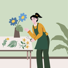 The girl is cutting her trees in the garden with care. Flat vector illustration. Householding works and human activity banner.