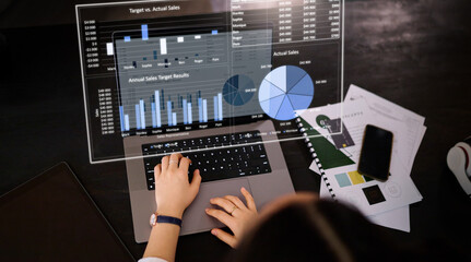 Fototapete - Woman, hands and laptop with hologram in analytics for chart, graph or marketing statistics at the office. Female analysis checking 3D digital data for corporate or company value or sales on computer