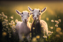 Small Goatling In White Flowers At Sunny Day, Two White Baby Goats Standing On Green Lawn, Generative AI. Farming Concept. Animal Growing Concept.