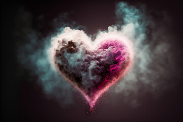 Wall Mural - Heart shaped pink smoke explosion on black background. Pink paint clouds in form of heart symbol on black background. Pink smoke Valentine's Day texture. Generative AI pink fume heart.