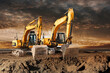 Two large excavator moving stone or soil in a quarry at a construction site. Heavy construction hydraulic equipment. Excavation.