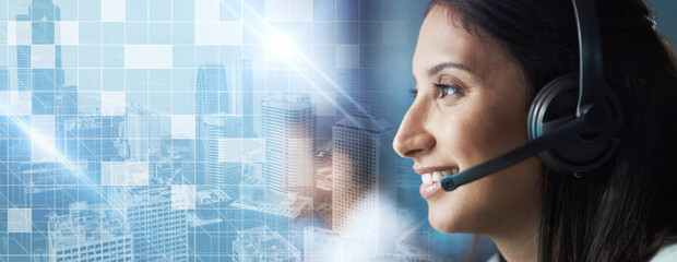 Aufkleber - Ecommerce, overlay or sales consultant in a call center job helping, talking or networking online. Graphic hologram, woman or insurance agent in communication at customer services or sales at desk