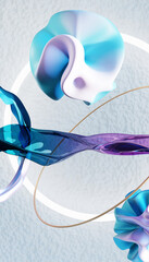 Poster - Flying abstract figures. Cloth fabric gradient waves abstract background. Iridescent glass wavy surface. Liquid surface, ripples, reflections. 3d render illustration.