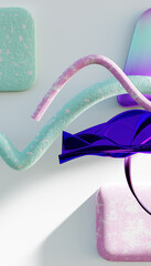 Poster - Flying abstract figures. Cloth fabric gradient waves abstract background. Iridescent glass wavy surface. Liquid surface, ripples, reflections. 3d render illustration.