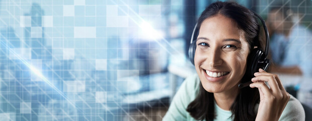 Aufkleber - Portrait, overlay or happy consultant in a call center helping, talking or networking online at office desk. Graphic hologram, woman or insurance agent in communication at customer services or sales