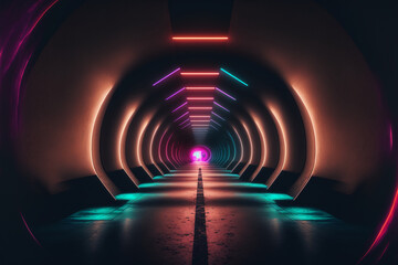 Wall Mural - Empty dark tunnel illuminated by neon tube lights.. Generative AI