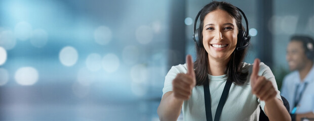 Poster - Success, mockup or consultant with thumbs up in call center helping, talking or networking online. Portrait, happy woman or insurance agent in communication at customer services with like or ok sign