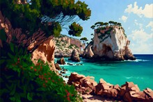 Mediterranean Cliffs And Rock Formations On The Seaside Cartoonish Painterly Foliage Vegetation Landscape 