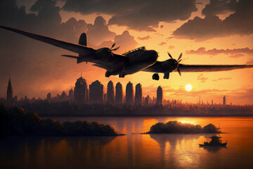 Wall Mural - Military airplane flies high above city at sunrise.. Generative AI