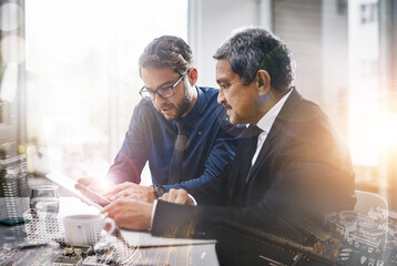 Aufkleber - Teamwork, office and overlay of business people with tablet for research, planning and brainstorming ideas. Technology, city double exposure and collaboration of employees with digital touchscreen.