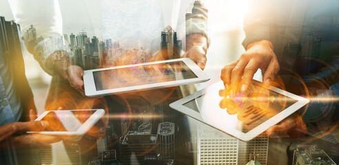 Poster - Tablet, hands and overlay of business people with phone for networking, data and analysis. City double exposure, teamwork and group of workers with mobile and tech for discussing marketing strategy.