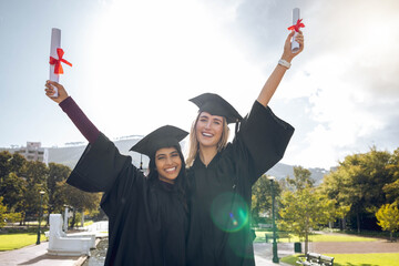 Wall Mural - Graduation, celebration and portrait of women, friends and scholarship success. Happy students, graduate certificate and study goals with award, smile and motivation of education, winner and learning